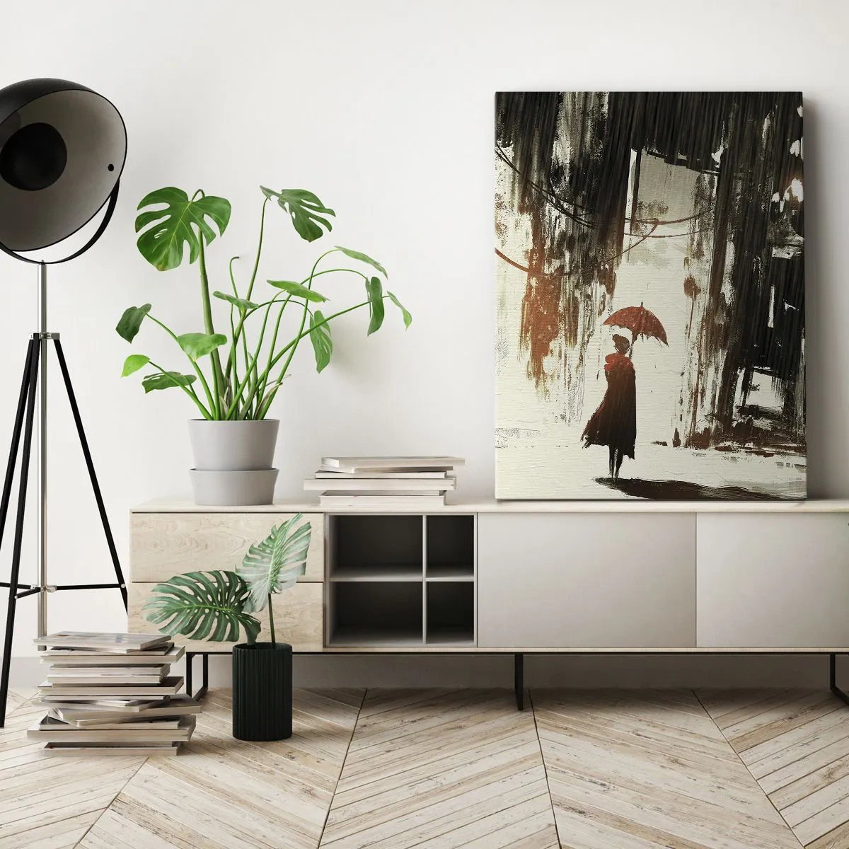 Obraz na plátne - Poézia červeného dáždnika - 65x120 cm