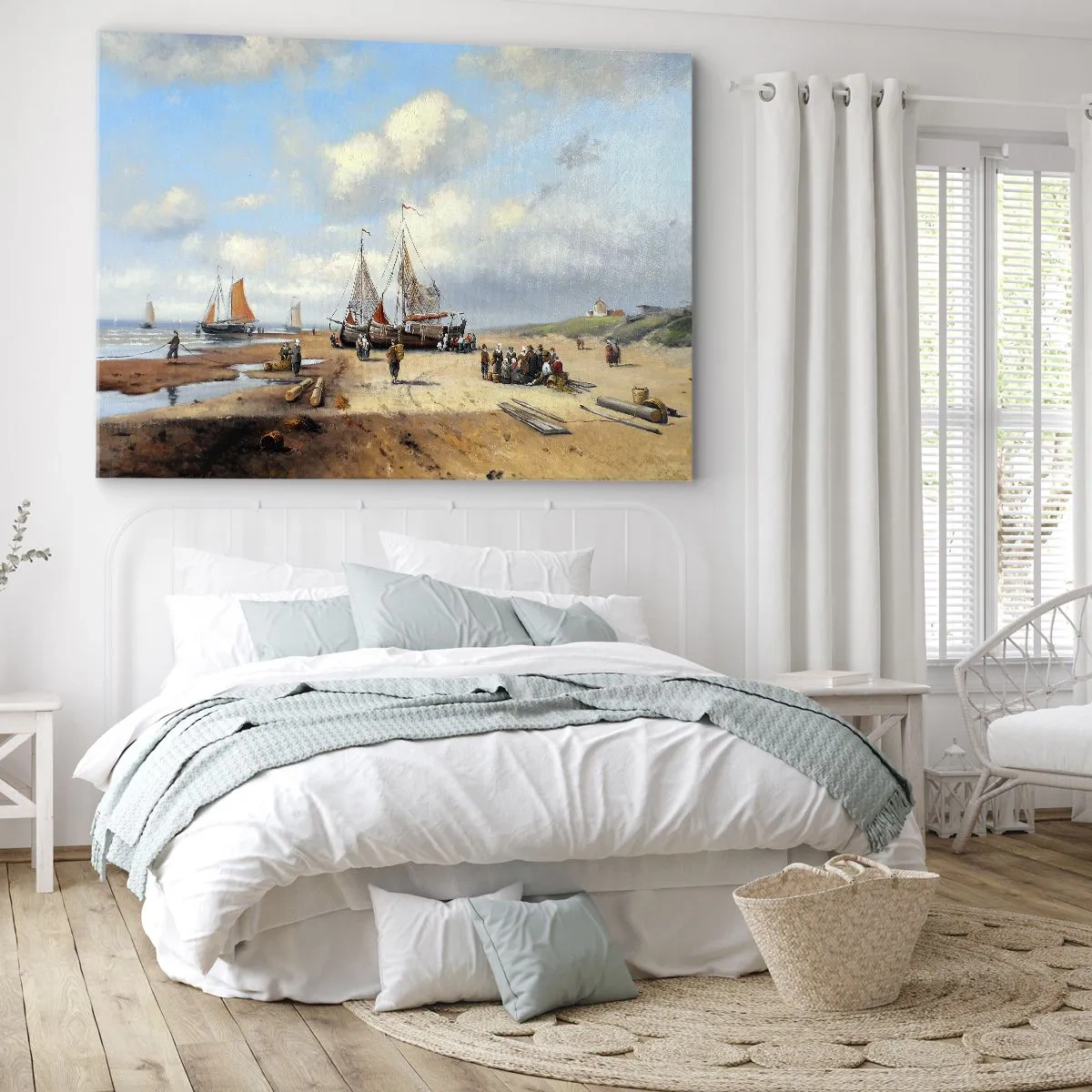 Obraz na plátne - Rybárske lode na pláži s ľudskými postavami - 70x50cm - Po úspešnom rybolove - Moderná nástenná dekorácia do obývacej izby a spálne ARTTOR