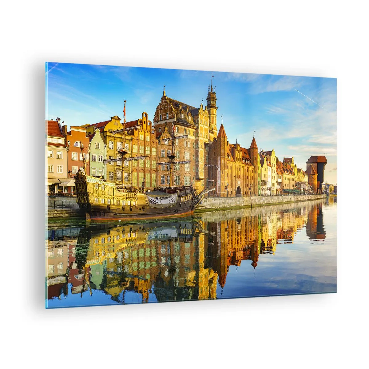 Obraz na skle - Staré Mesto Gdanska s odrazom vo vode - 70x50cm - Zrkadlový odraz minulosti - Moderná nástenná dekorácia do obývacej izby a spálne ARTTOR