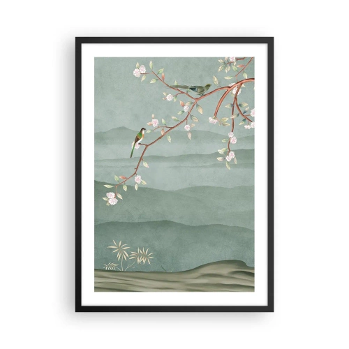 Plagát v čiernom ráme - Vtáky na kvitnúcej vetve s výhľadom na kopce - 50x70cm - Jar je tu - Moderná nástenná dekorácia do obývacej izby a spálne ARTTOR