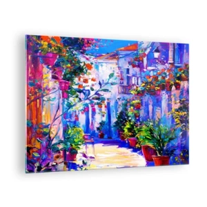 Obraz na skle - Farebná ulica s kvitnúcimi rastlinami a svetlom - 70x50cm - Impresia - talianska ulička - Moderná nástenná dekorácia do obývacej izby a spálne ARTTOR