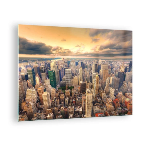 Obraz na skle - Panoráma mesta s mrakodrapmi pri západe slnka - 70x50cm - Pozlátené Metropolis - Moderná nástenná dekorácia do obývacej izby a spálne ARTTOR