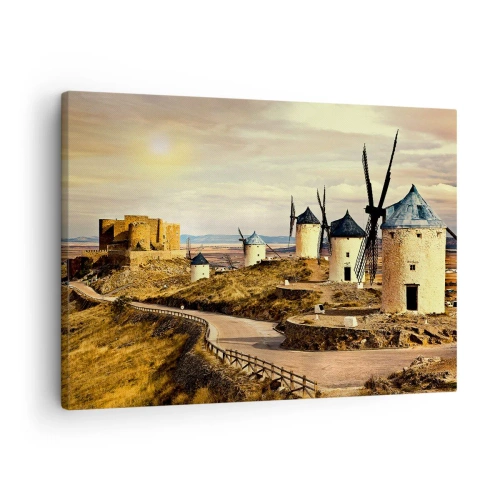 Obraz na plátne - Veterné mlyny na kopcoch s historickým hradom v pozadí - 70x50cm - Čoskoro sa objaví Don Quijote - Moderná nástenná dekorácia do obývacej izby a spálne ARTTOR