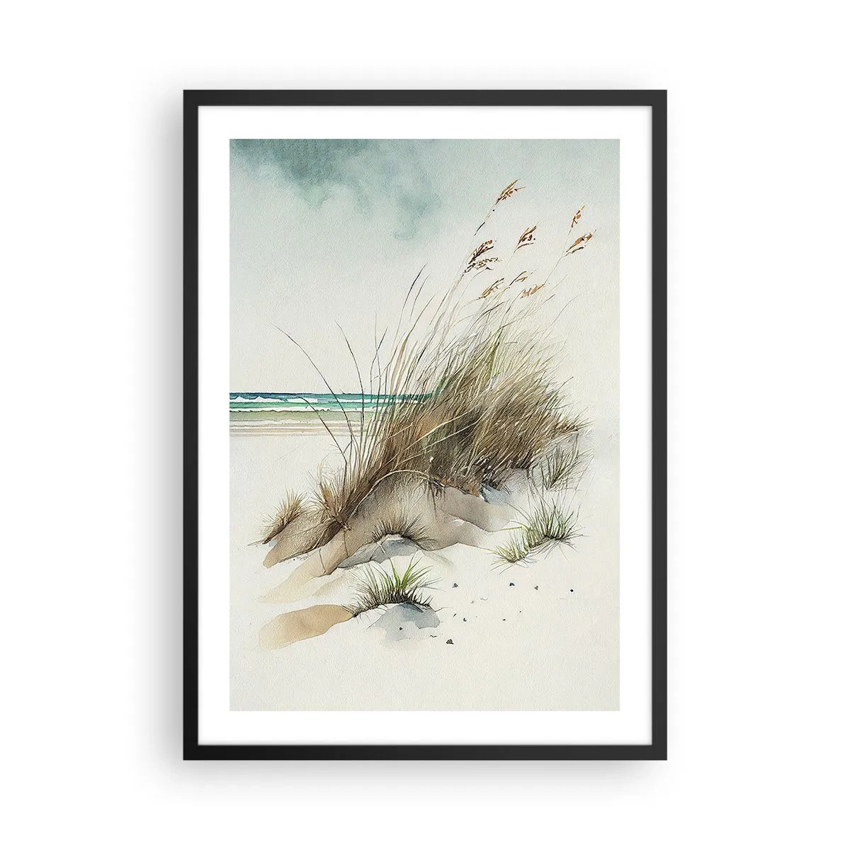 Plagát v čiernom ráme - Duny v štýle akvarelu s trávou pri pokojnom mori - 50x70cm - Zahalené v piesku - Moderná nástenná dekorácia do obývacej izby a spálne ARTTOR
