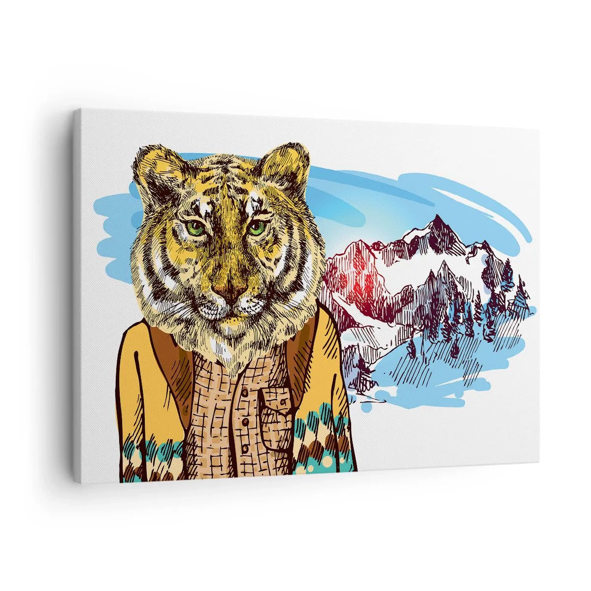 Obraz na plátne - Tiger v kabáte na pozadí horskej krajiny - 70x50cm - Nie je tak divoký ako ho kreslia - Moderná nástenná dekorácia do obývacej izby a spálne ARTTOR