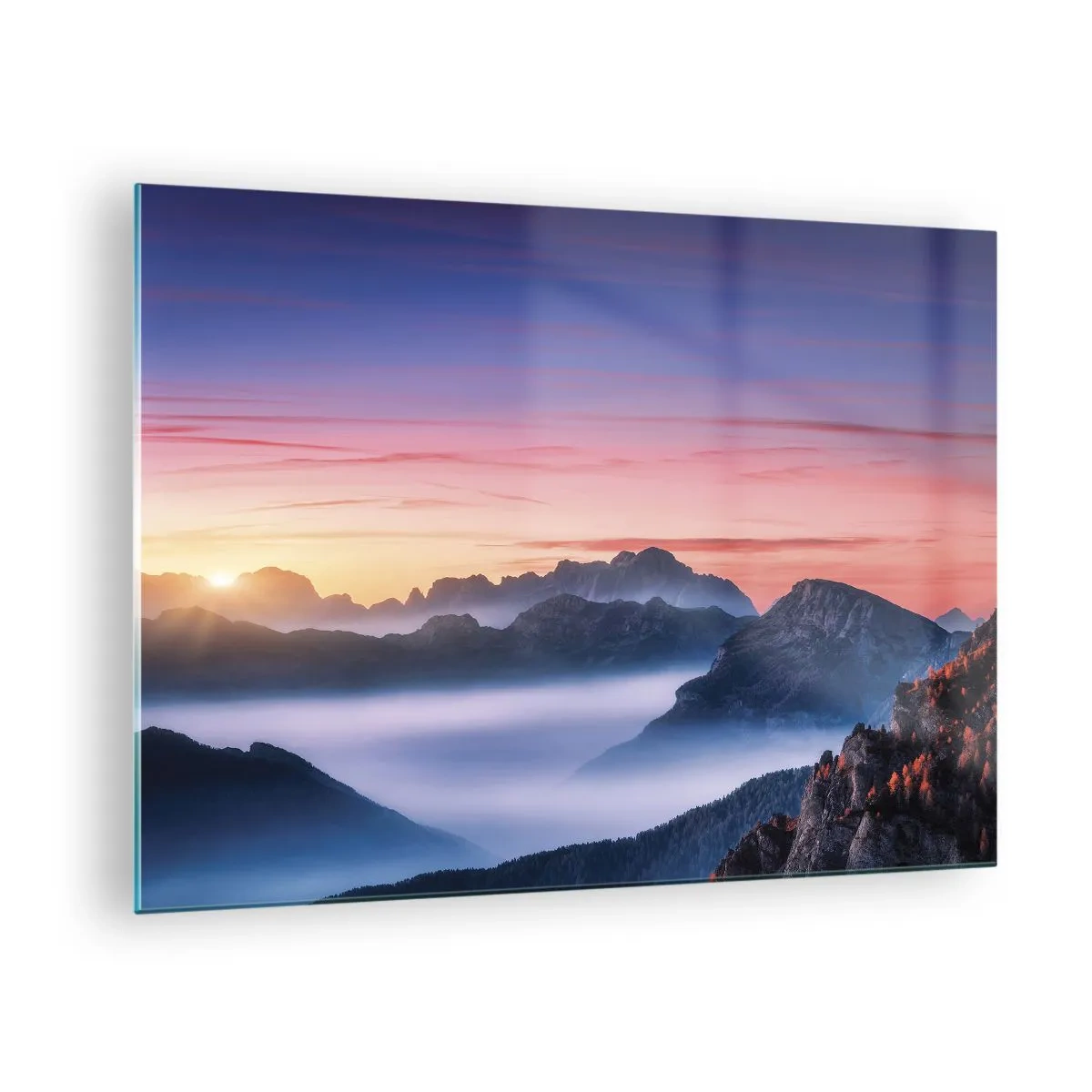 Obraz na skle - Malebný východ slnka nad horskou krajinou - 70x50cm - Nad údoliami - Moderná nástenná dekorácia do obývacej izby a spálne ARTTOR