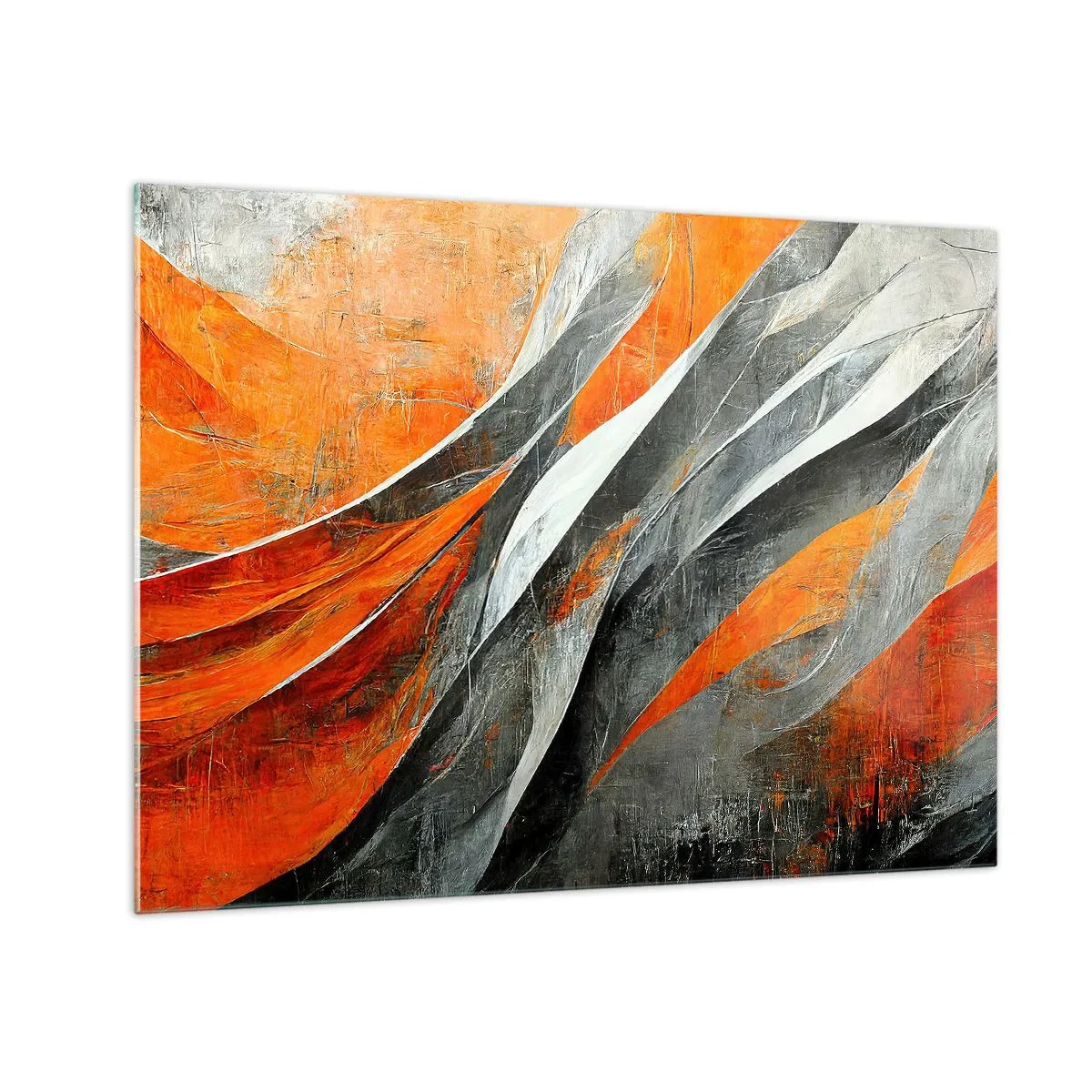 Obraz na skle - Abstraktné pruhy v odtieňoch oranžovej a sivej - 70x50cm - Žiar a chlad - Moderná nástenná dekorácia do obývacej izby a spálne ARTTOR