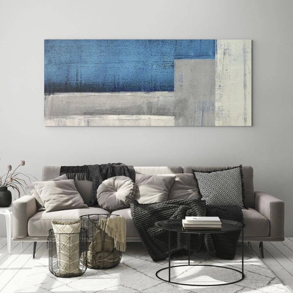 Obraz na skle - Poetická kompozícia šedej a modrej - 100x40 cm