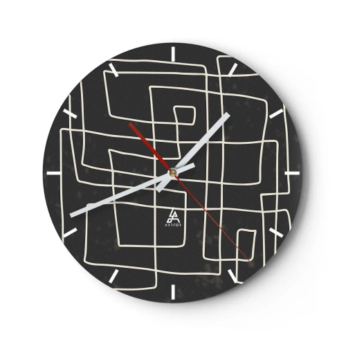 Nástenné hodiny - Biele geometrické čiary tvoriace zložitú mriežku na čiernom pozadí. - 30x30cm - Nie je to tak jednoduché - Moderná nástenná dekorácia do obývacej izby, kuchyne a spálne ARTTOR