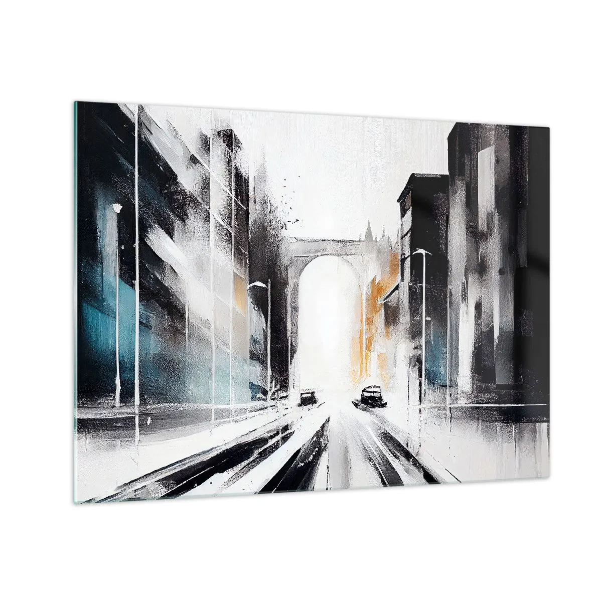 Obraz na skle - Dynamická mestská ulica s autami a oblúkom v pozadí v maliarskom štýle. - 70x50cm - Štúdia mesta: architektúra a pohyb - Moderná nástenná dekorácia do obývacej izby a spálne ARTTOR