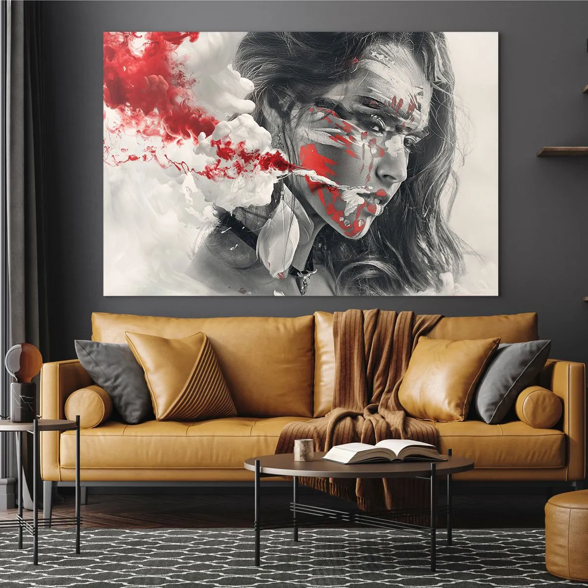 Obraz na skle - Portrét ženy s abstraktnými červenými a bielymi vzormi - 70x50cm - V škárach absurdity - Moderná nástenná dekorácia do obývacej izby a spálne ARTTOR