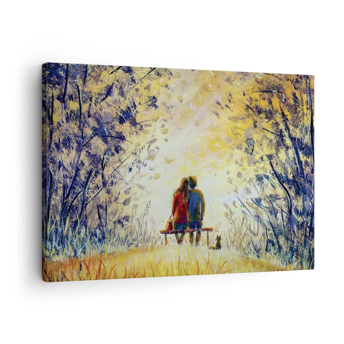 Obraz na plátne - Pár sedí na lavičke medzi jesennými stromami na slnečnom svetle - 70x50cm - Magický okamih - Moderná nástenná dekorácia do obývacej izby a spálne ARTTOR
