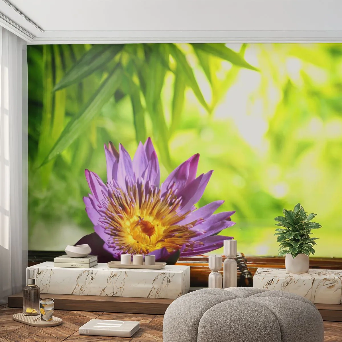 Fototapeta Premium Canvas - Na ázijskom slnku - Kvetina, lotosový kvet, Bambus - 250x175 cm