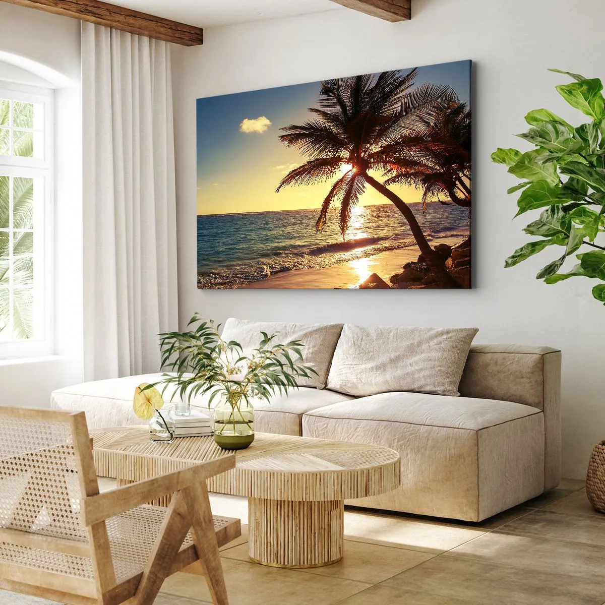 Obraz na plátne - Tropický západ slnka nad plážou s palmami - 70x50cm - Leto pod palmami - Moderná nástenná dekorácia do obývacej izby a spálne ARTTOR
