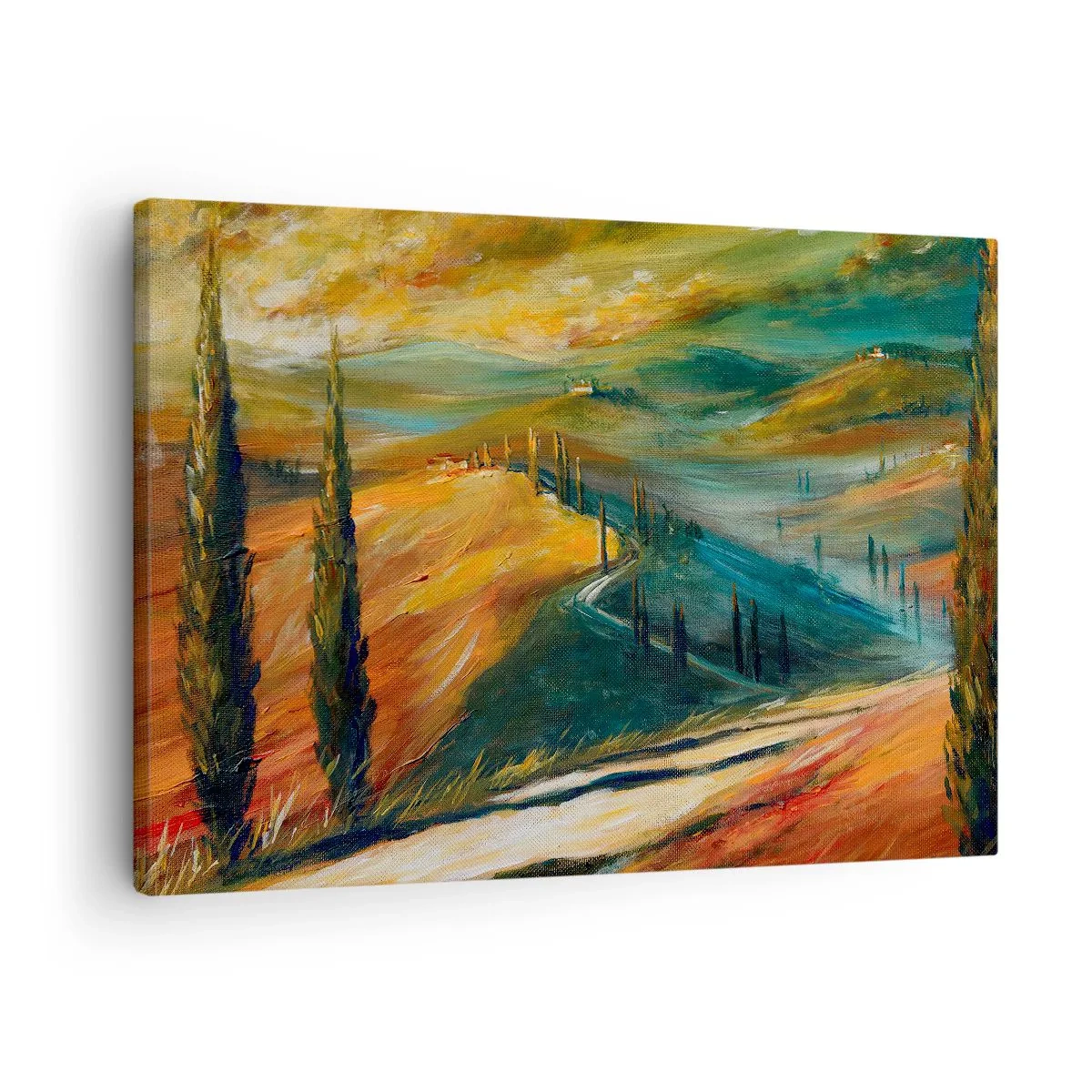Obraz na plátne - Toskánska krajina s poľami, cestou a cyprusmi - 70x50cm - Toskánska krajina - Moderná nástenná dekorácia do obývacej izby a spálne ARTTOR