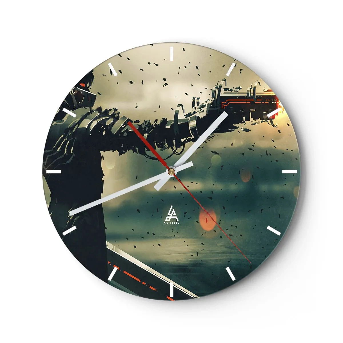 Nástenné hodiny - Futuristická postava s kybernetickou zbraňou v dynamickom prostredí. - 30x30cm - Vražedná zbraň - tvoj vlastný terminátor - Moderná nástenná dekorácia do obývacej izby, kuchyne a spálne ARTTOR