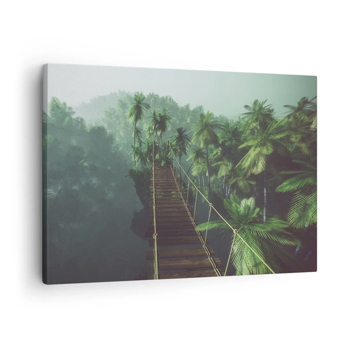 Obraz na plátne - Visutý most v tropickom lese obklopený hmlou. - 70x50cm - Pri vodopáde zelene - Moderná nástenná dekorácia do obývacej izby a spálne ARTTOR