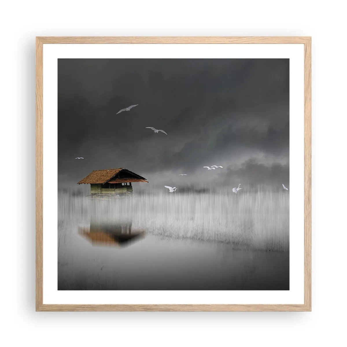 Plagát v ráme zo svetlého duba - Úkryt pred dažďom - 60x60 cm