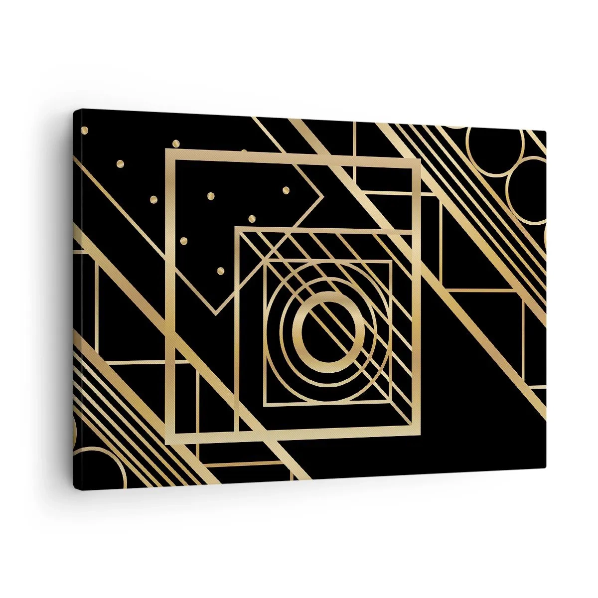 Obraz na plátne - Zlaté geometrické vzory na čiernom pozadí - 70x50cm - Zlatá geometria - Moderná nástenná dekorácia do obývacej izby a spálne ARTTOR