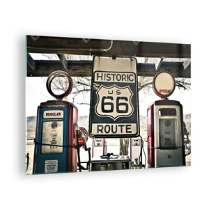 Obraz na skle - Staré benzínové pumpy a značka Route 66 - 70x50cm - Americká retro cesta - Moderná nástenná dekorácia do obývacej izby a spálne ARTTOR