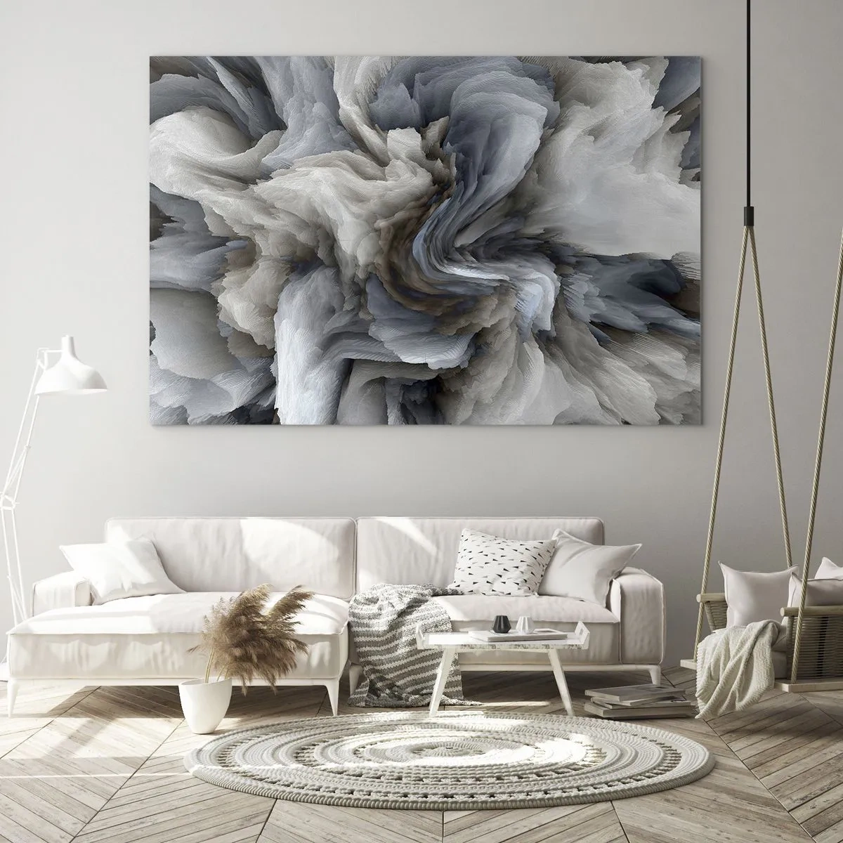 Obraz na skle - Abstraktná kompozícia pripomínajúca víriace perie - 70x50cm - Kameň a kvet - Moderná nástenná dekorácia do obývacej izby a spálne ARTTOR