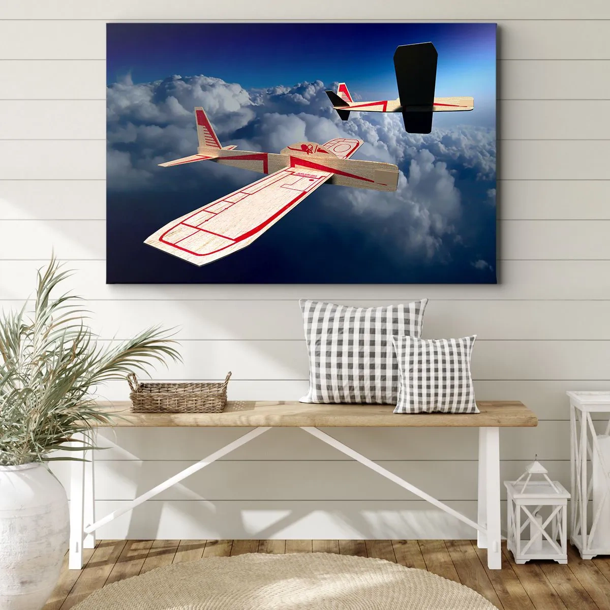 Obraz na plátne - Dve drevené lietadlá vznášajúce sa nad oblakmi na pozadí modrej oblohy. - 70x50cm - Ešte vyššie, ešte ďalej - Moderná nástenná dekorácia do obývacej izby a spálne ARTTOR