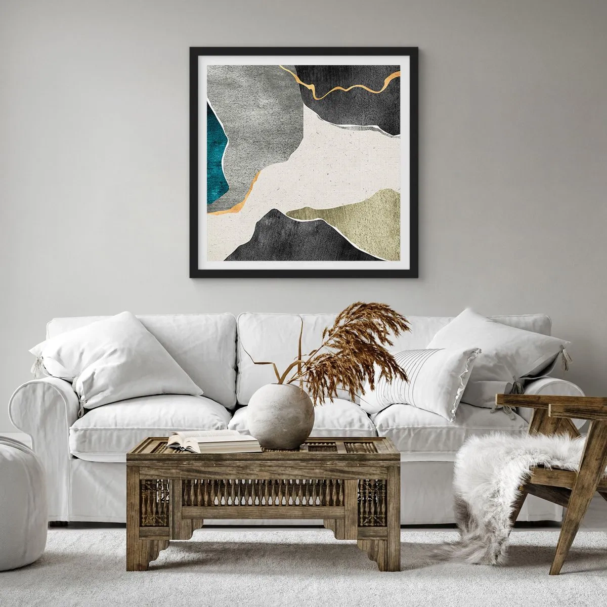 Plagát v čiernom ráme - Mozaiková kompozícia so zlatou niťou - 60x60 cm