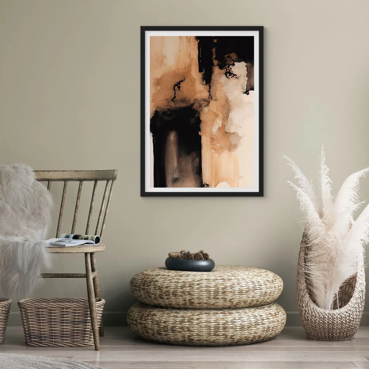 Plagát v čiernom ráme - Abstraktná kompozícia v teplých odtieňoch hnedej. - 50x70cm - Pútavá abstrakcia - Moderná nástenná dekorácia do obývacej izby a spálne ARTTOR