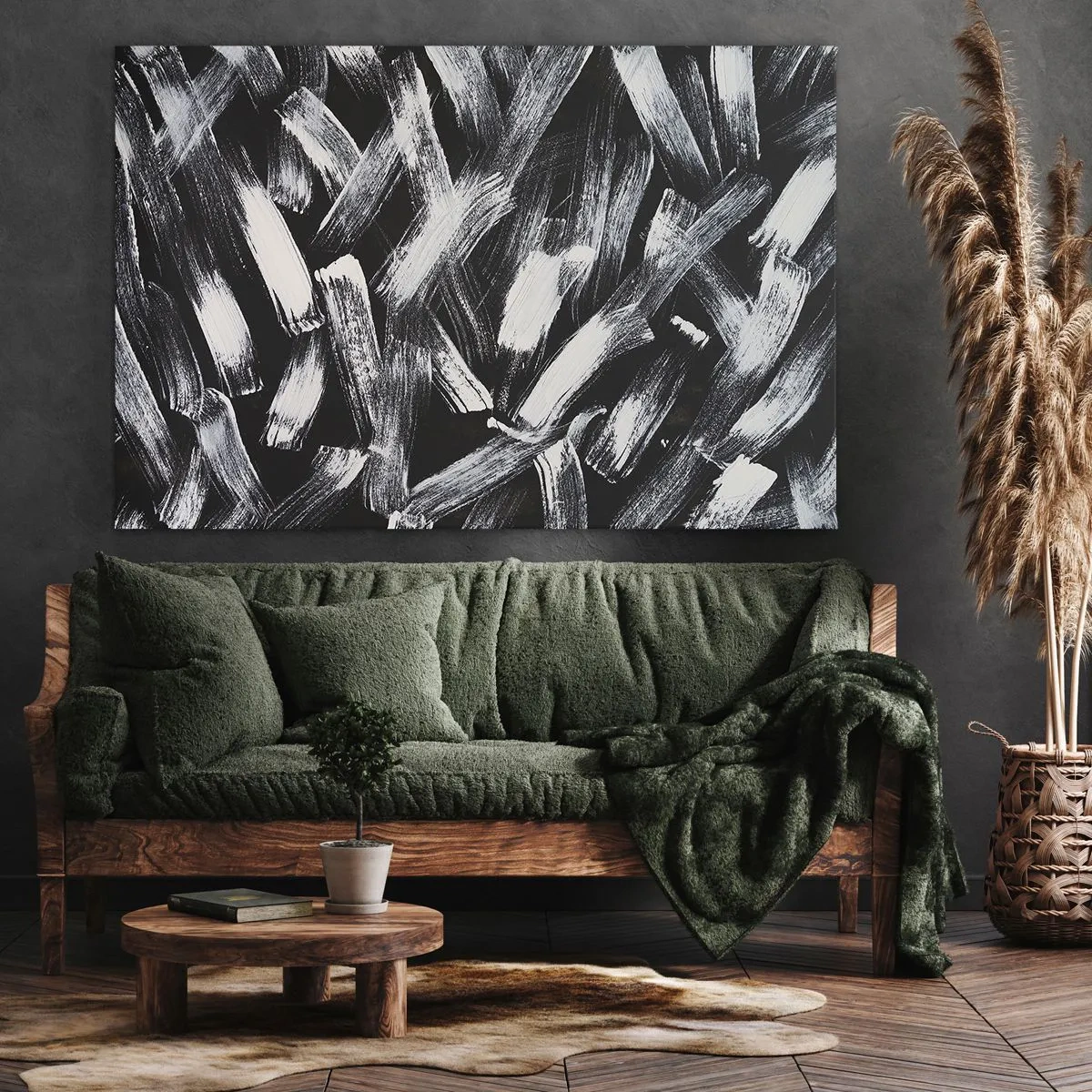 Obraz na plátne - Dynamická abstrakcia s bielymi ťahmi štetcom na čiernom pozadí. - 70x50cm - Abstrakcia v industriálnom duchu - Moderná nástenná dekorácia do obývacej izby a spálne ARTTOR