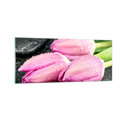 Obraz na skle - Ľaliová trojica na čiernom kameni - 100x40 cm