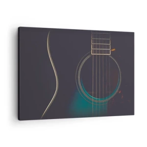 Obraz na plátne - Akustická gitara v tmavom, elegantnom svetle - 70x50cm - Okamih, než to zaznie - Moderná nástenná dekorácia do obývacej izby a spálne ARTTOR