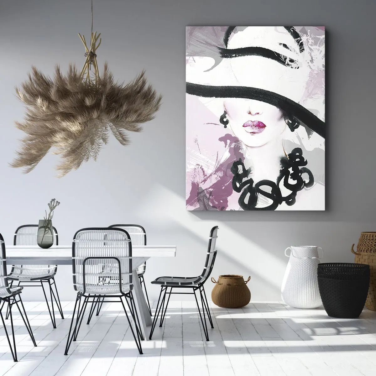 Obraz na plátne - Portrét dámy v čiernej a ružovej - 45x80 cm