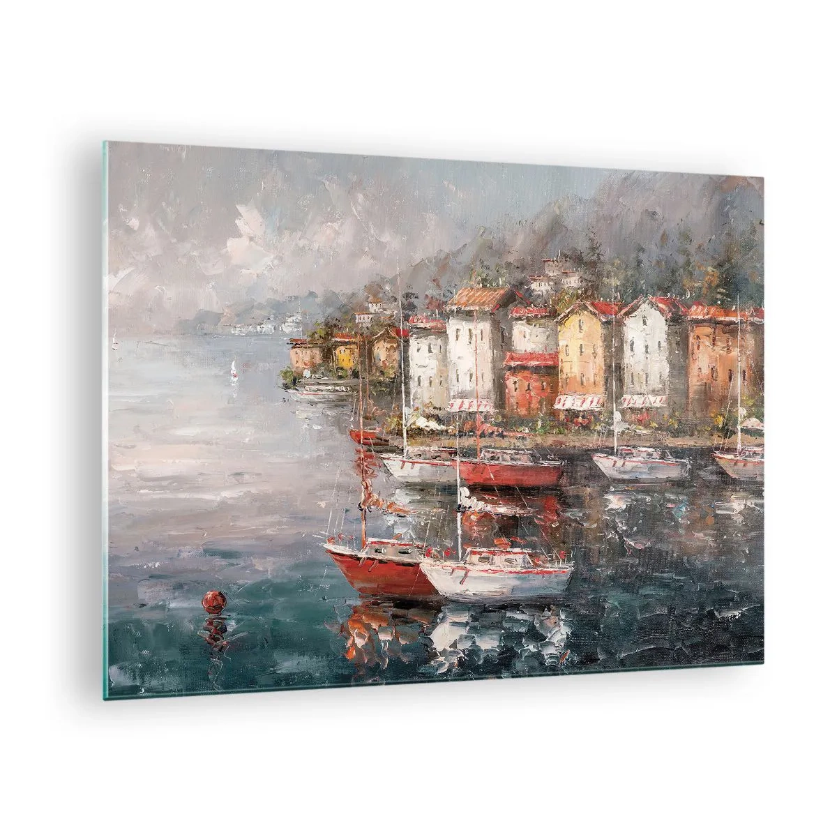 Obraz na skle - Malebný prístav s plachetnicami a farebnými domami - 70x50cm - Romantický prístav - Moderná nástenná dekorácia do obývacej izby a spálne ARTTOR