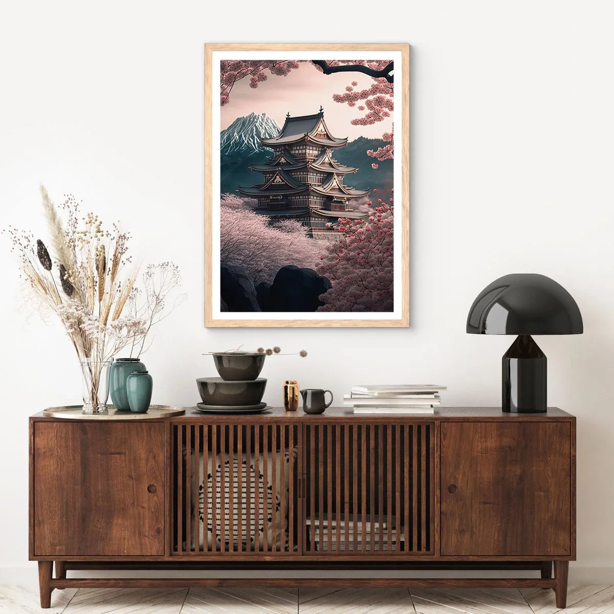 Plagát v ráme zo svetlého duba - Krajina kvitnúcich čerešní - 61x91 cm