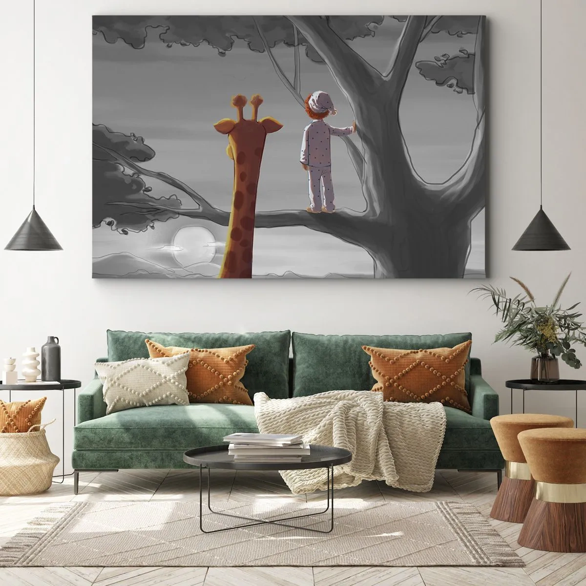 Obraz na plátne - Dieťa a žirafa na konári stromu v rozprávkovej krajine - 70x50cm - To sa naozaj deje - Moderná nástenná dekorácia do obývacej izby a spálne ARTTOR