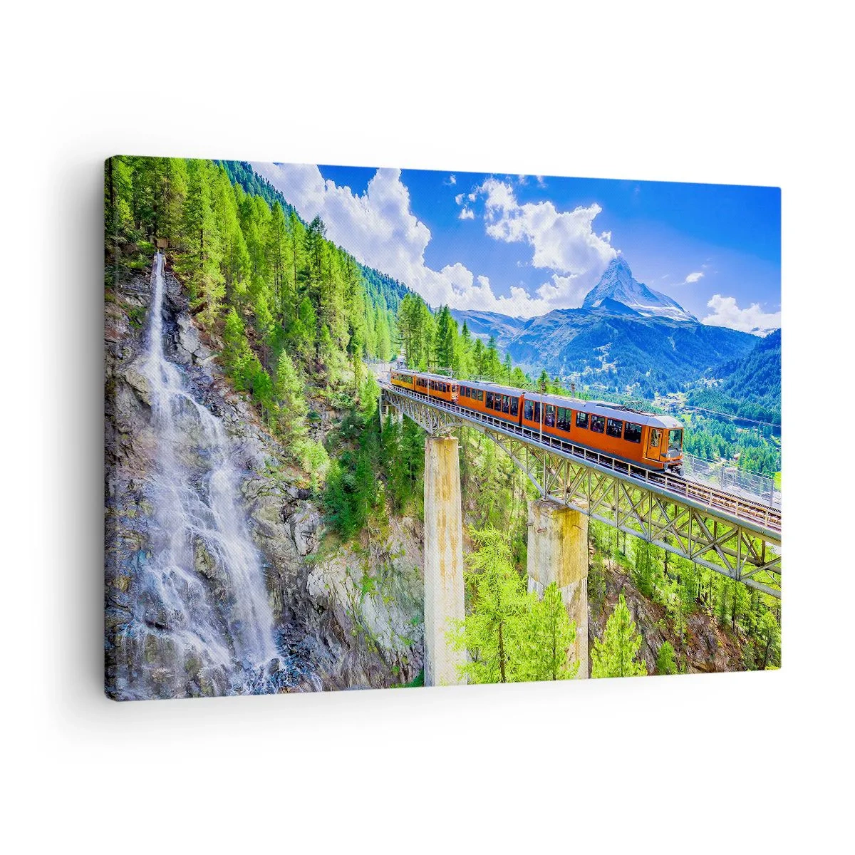 Obraz na plátne - Horská dráha na moste s výhľadom na vodopád a hory - 70x50cm - Alpská železnica - Moderná nástenná dekorácia do obývacej izby a spálne ARTTOR