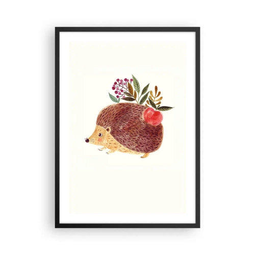 Plagát v čiernom ráme - Roztomilý ježko s jablkom a vetvičkami na svetlom pozadí - 50x70cm - A už ma máš rád - Moderná nástenná dekorácia do obývacej izby a spálne ARTTOR