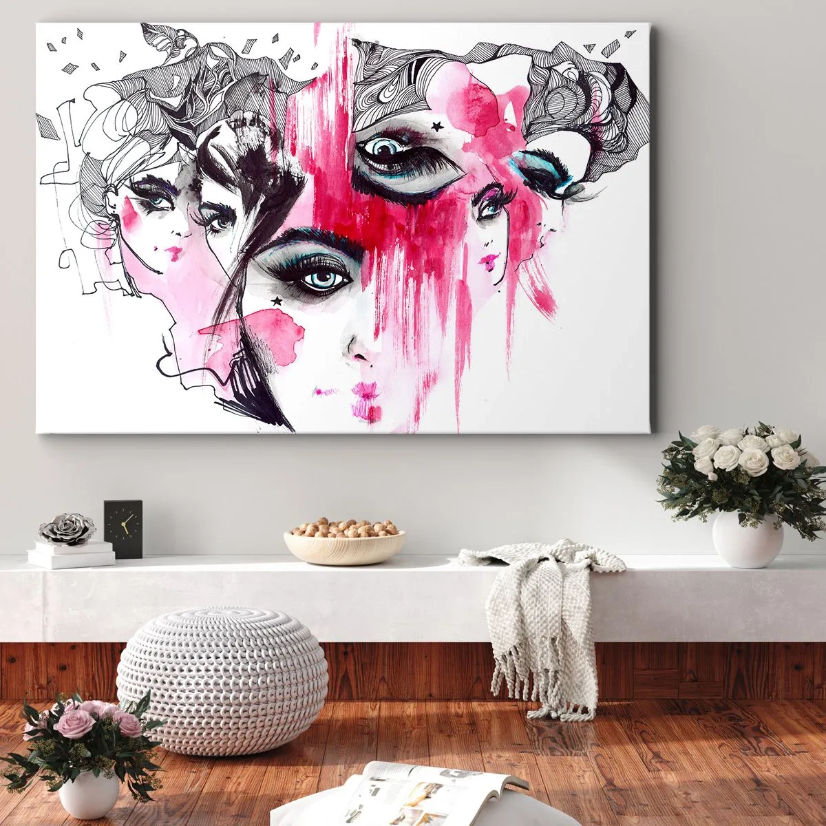 Obraz na plátne - Abstraktná tvár v odtieňoch ružovej a čiernej - 70x50cm - Abstraktné oči - Moderná nástenná dekorácia do obývacej izby a spálne ARTTOR