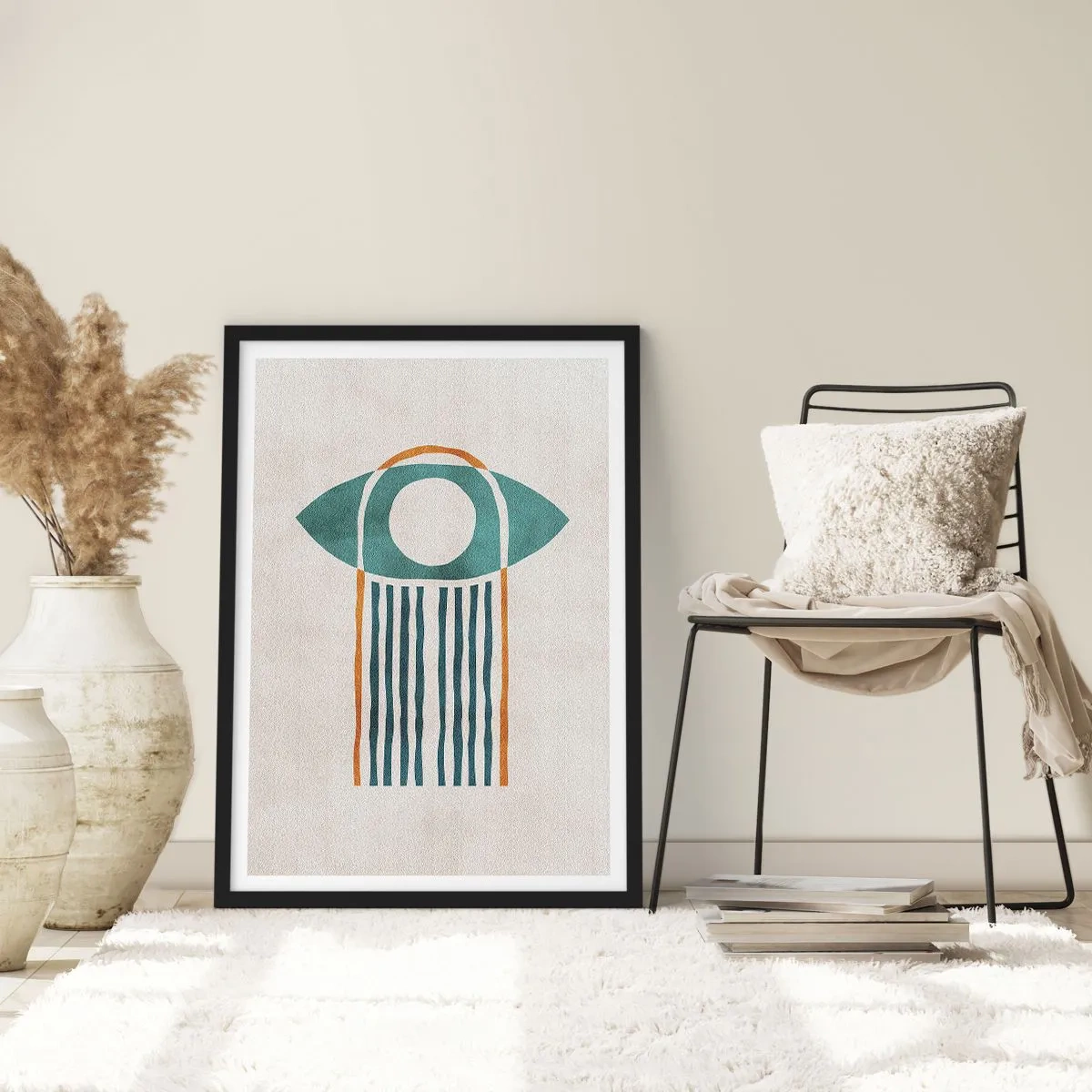 Plagát v čiernom ráme - Minimalistický symbol oka v boho štýle - 50x70cm - Znaky a rituály - Moderná nástenná dekorácia do obývacej izby a spálne ARTTOR