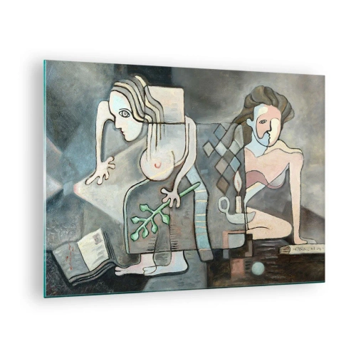 Obraz na skle - Abstraktná scéna s dvoma postavami v kubistickom štýle. - 70x50cm - Mozaika ducha a hmoty - Moderná nástenná dekorácia do obývacej izby a spálne ARTTOR