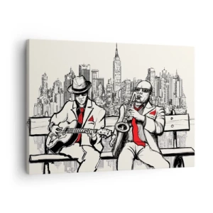 Obraz na plátne - Džezové duo so saxofónom a gitarou na pozadí mesta - 70x50cm - Newyorská improvizácia - Moderná nástenná dekorácia do obývacej izby a spálne ARTTOR
