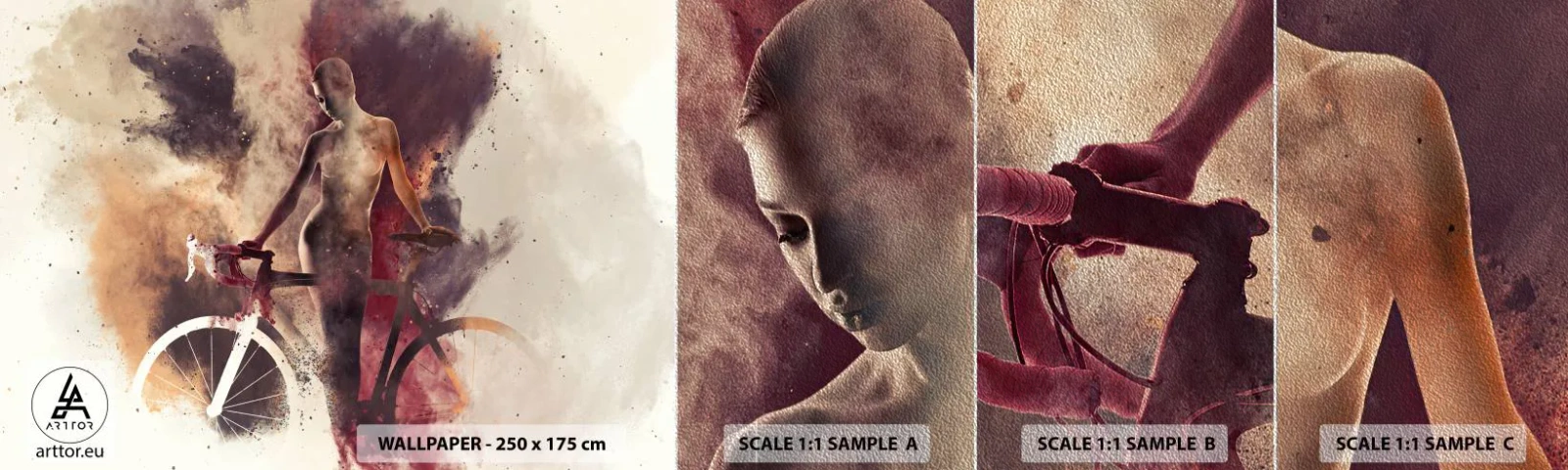 Vzorka fototapety Premium Sand - Cyklistická duša v mramorových tvaroch - Abstrakcia, Žena, Bicykel - 100x30 cm