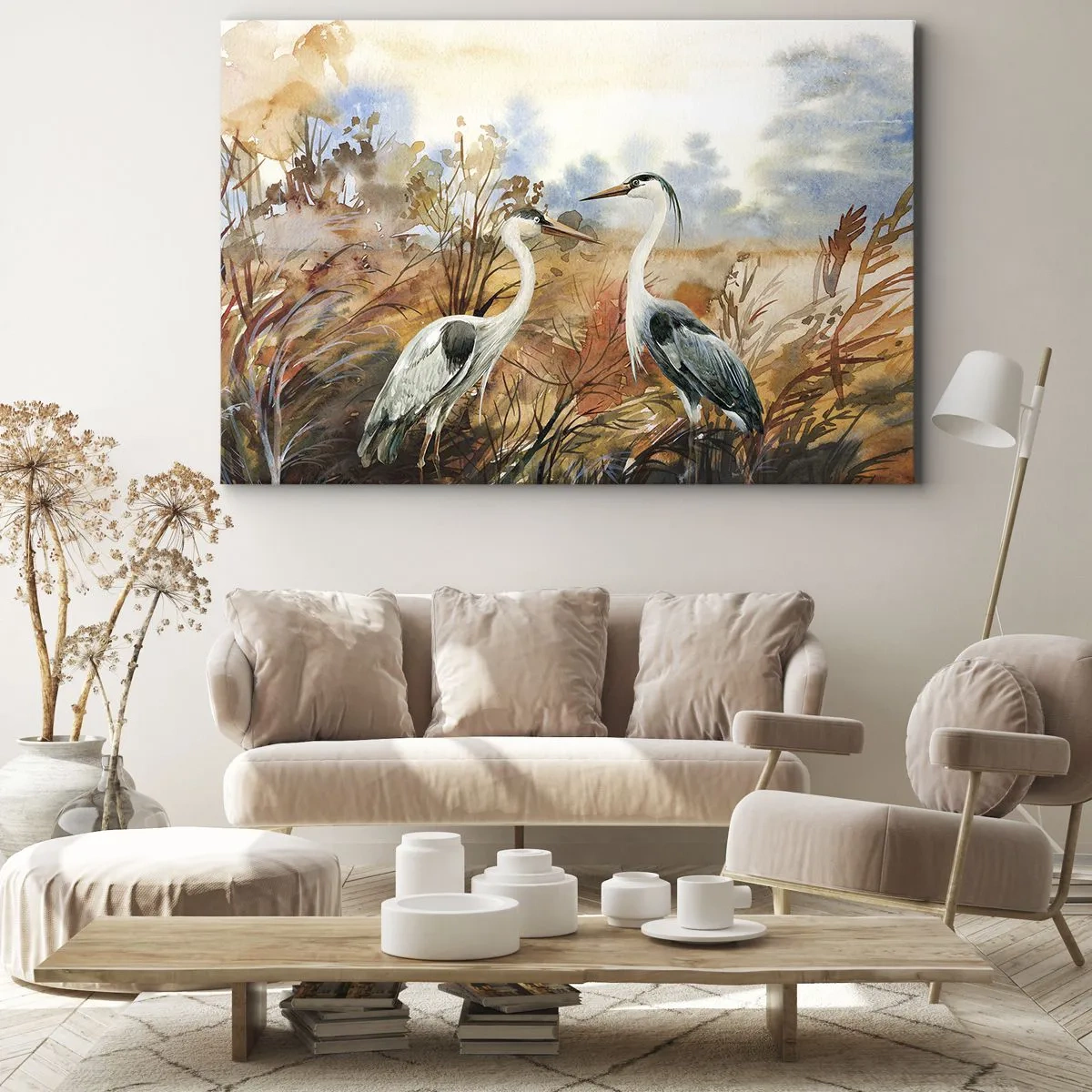 Obraz na plátne - Dve volavky na pozadí jesennej krajiny - 70x50cm - Kam na jeseň? - Moderná nástenná dekorácia do obývacej izby a spálne ARTTOR