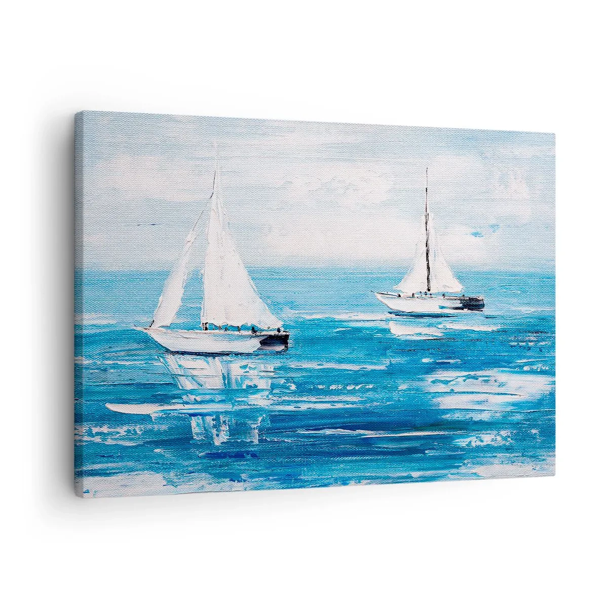 Obraz na plátne - Jachty na modrom mori v umeleckom štýle - 70x50cm - S priateľom po boku - Moderná nástenná dekorácia do obývacej izby a spálne ARTTOR