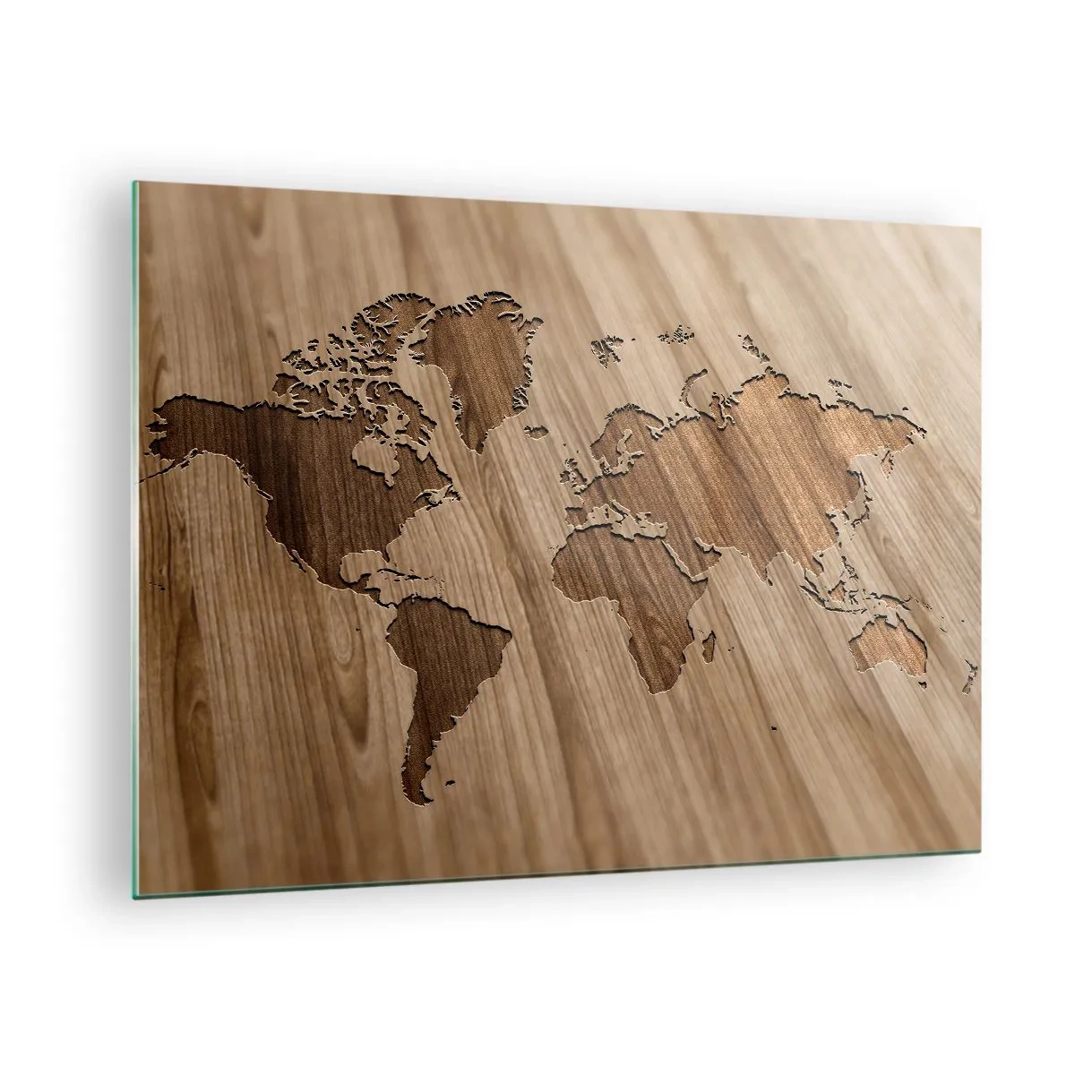 Obraz na skle - Mapa sveta vyrezaná do dreveného povrchu - 70x50cm - Svet podaný na stole - Moderná nástenná dekorácia do obývacej izby a spálne ARTTOR