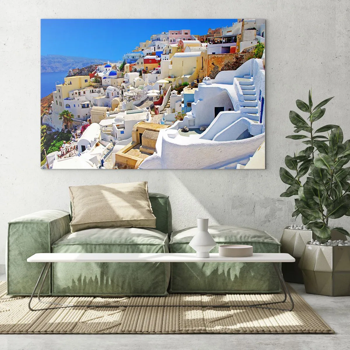 Obraz na skle - Santorini s bielymi domami na pozadí modrej oblohy - 70x50cm - Sen o gréckom lete - Moderná nástenná dekorácia do obývacej izby a spálne ARTTOR