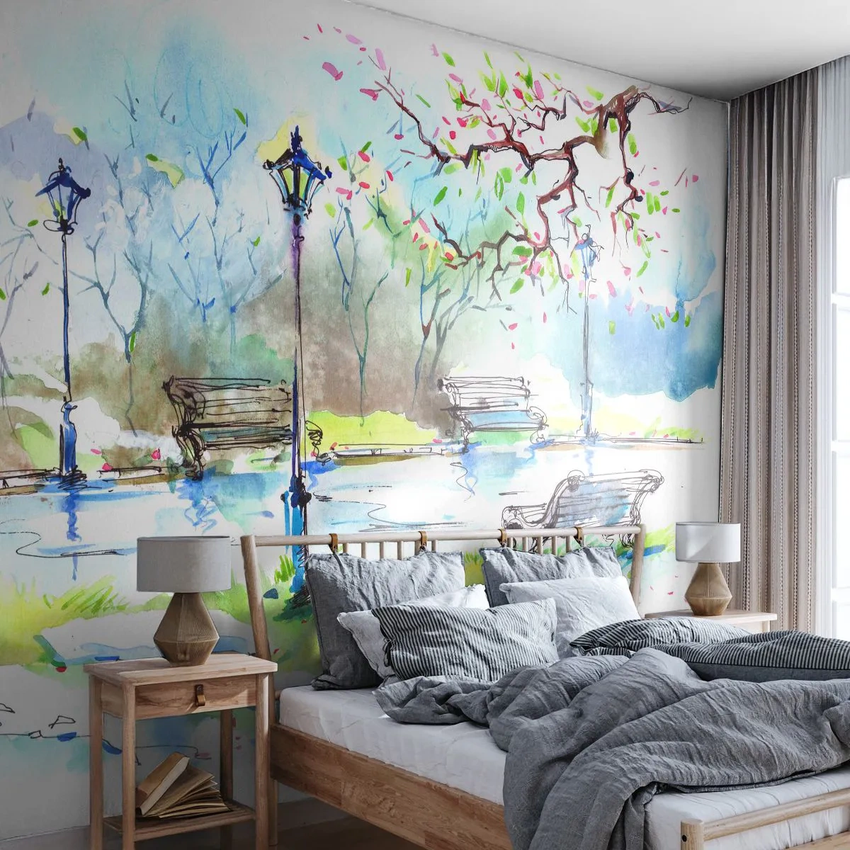 Fototapeta Standard Eco - Romantický park s lavičkami a lampášmi maľovanými akvarelom - 100x70cm - Kúzlo parkového ticha - Moderná nástenná dekorácia do obývacej izby a spálne ARTTOR