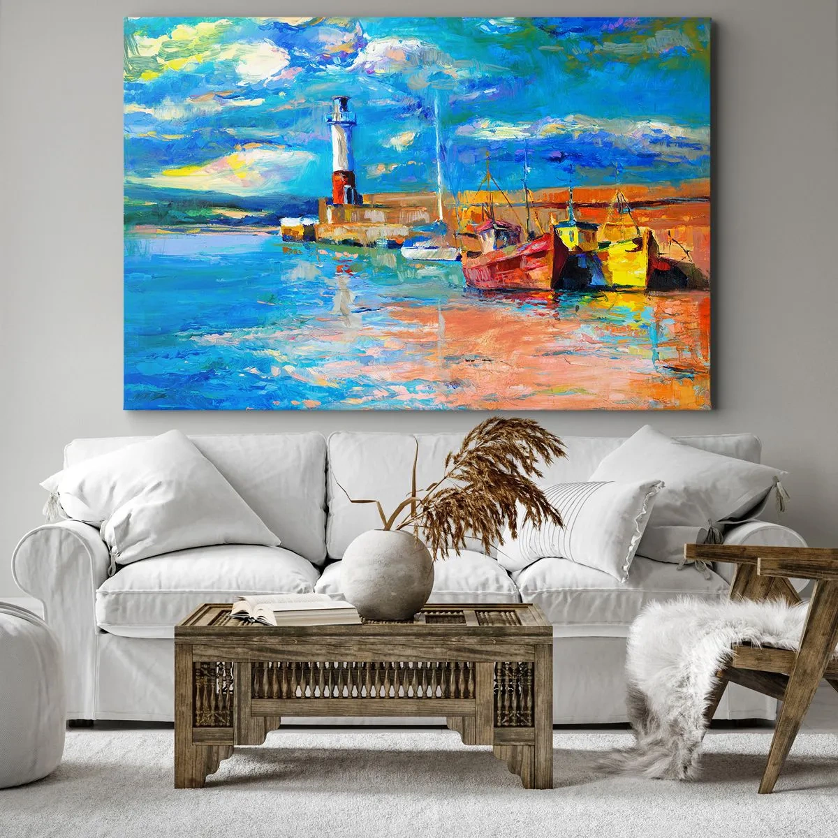 Obraz na plátne - Rybársky prístav s loďkami a majákom v jasných farbách - 70x50cm - Popoludní v dúhovom zálive - Moderná nástenná dekorácia do obývacej izby a spálne ARTTOR