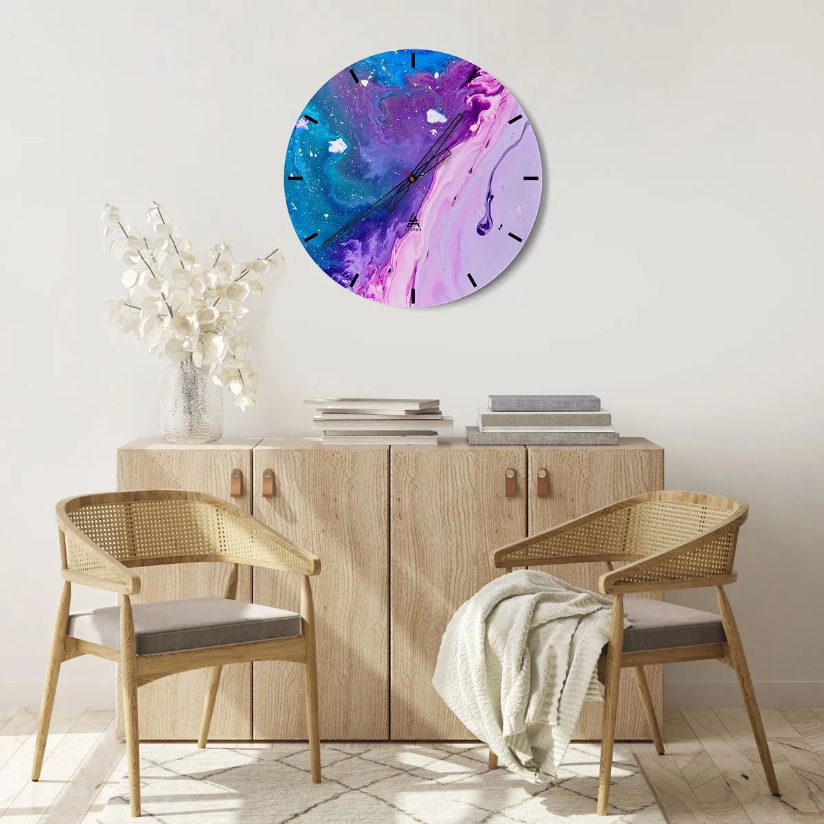 Nástenné hodiny - Abstraktné farby v odtieňoch fialovej a modrej - 30x30cm - Yin a yang - Moderná nástenná dekorácia do obývacej izby, kuchyne a spálne ARTTOR