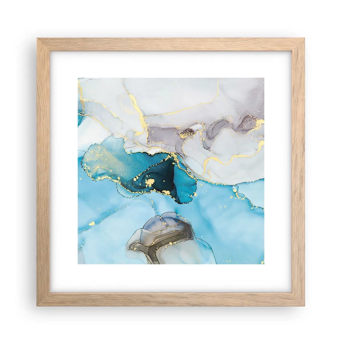Plagát v ráme zo svetlého duba - Štúdia o stretnutí šedej a tyrkysovej - 30x30 cm
